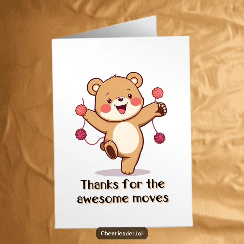 Funny Free Printable Thank You Card: A bear in mid-high kick, with yarn pom-poms creating a blur.