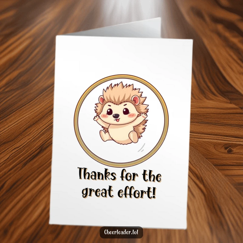 Funny Free Printable Thank You Card: A determined hedgehog gracefully leaps through a hoop, showing off its skills. A funny downloadable thank you.