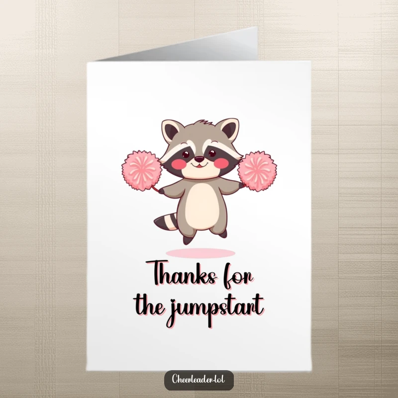 Funny Free Printable Thank You Card: A red-faced raccoon energetically jumping rope with oversized pom-poms, looking hilariously focused. Ideal DIY.