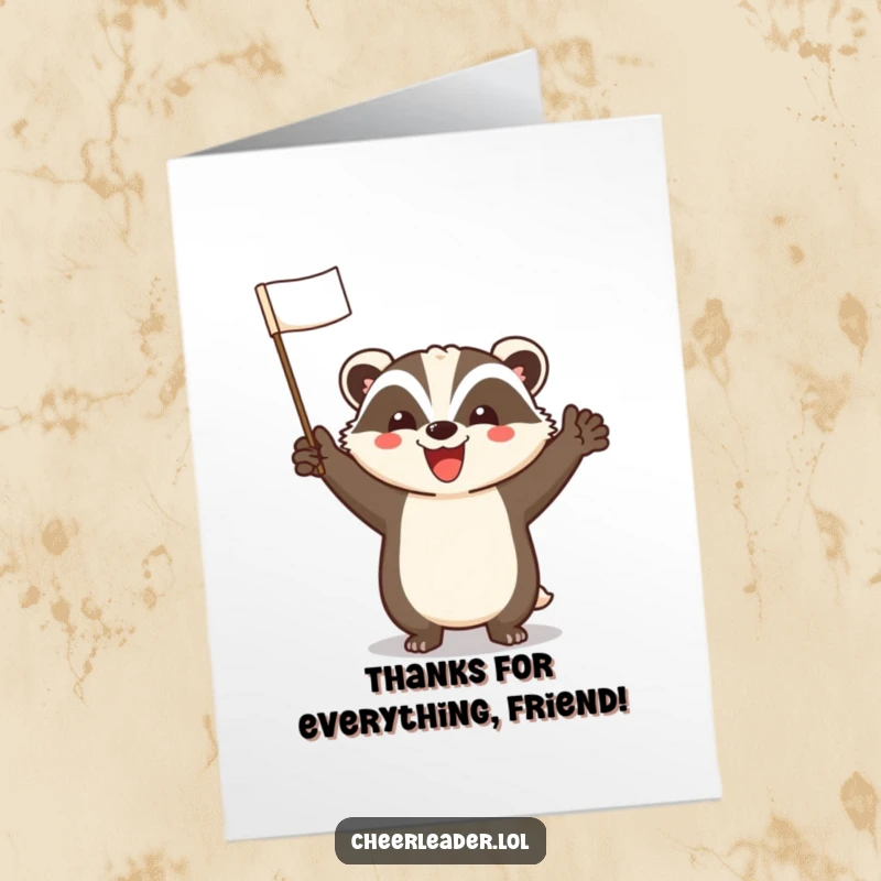 Funny Free Printable Thank You Card: A happy badger smiling widely and cheering to express thanks.