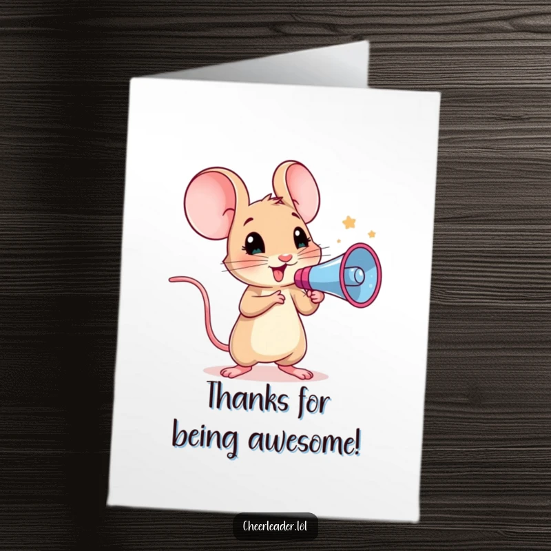 Funny Free Printable Thank You Card: Mouse with a megaphone, leading a cheerful shout of thanks.
