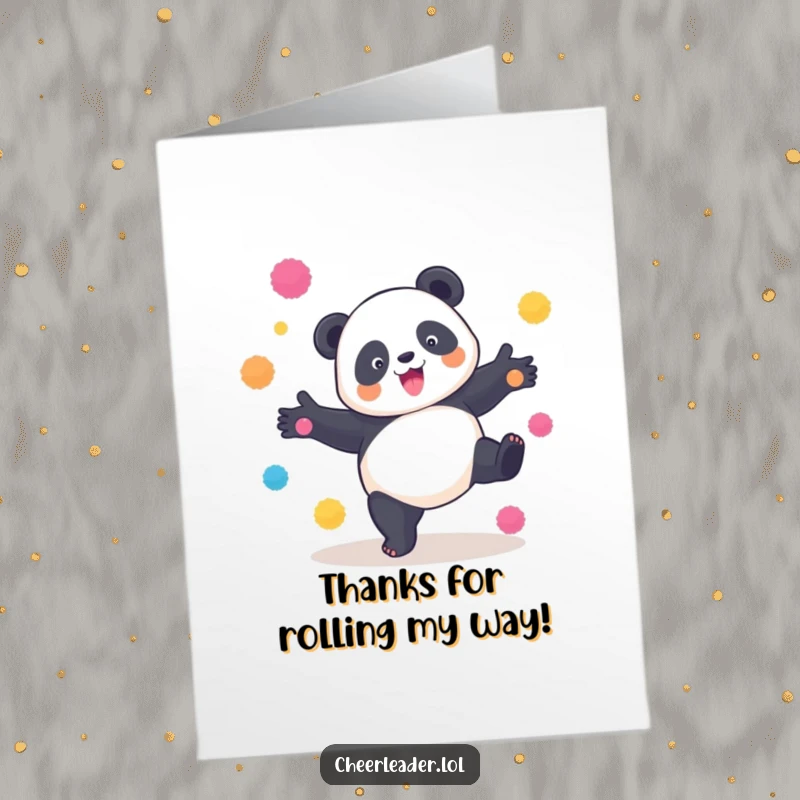Funny Free Printable Thank You Card: A happy panda performing a cartwheel with vibrant pom-poms.