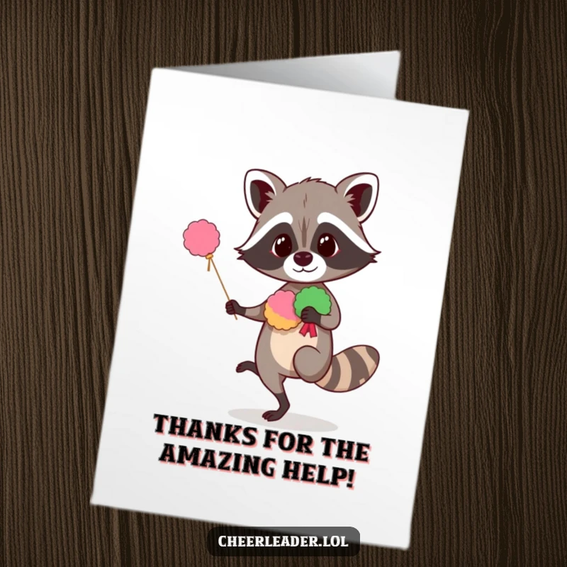 Funny Free Printable Thank You Card: A curious raccoon shows off its balancing act with pom-poms, expressing thanks. Funny downloadable.