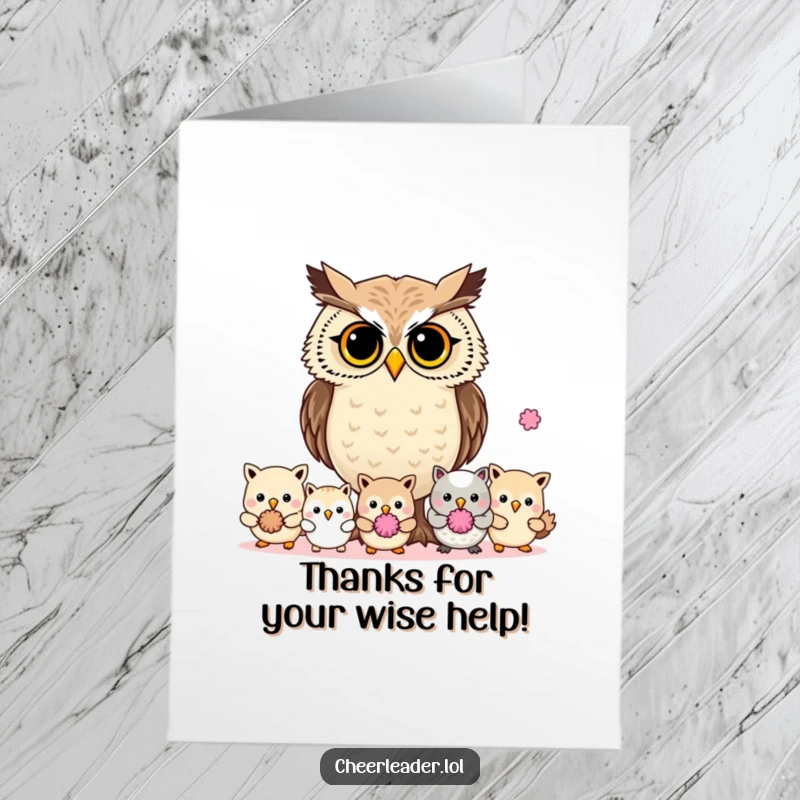 Funny Free Printable Thank You Card: A determined owl with pom-poms leading, expressing thanks for guidance and support.