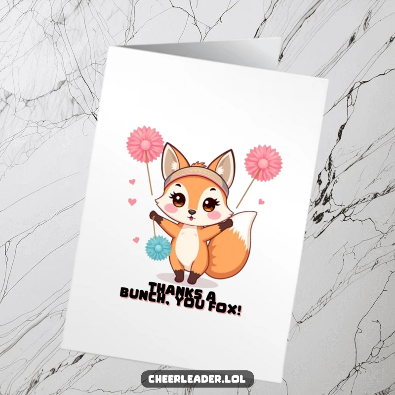 Funny Free Printable Thank You Card featuring a cute fox with a headband waving pom-poms.