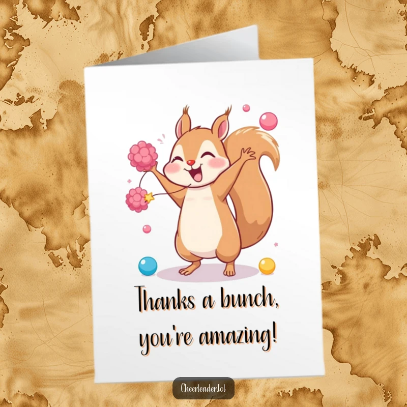 Funny Free Printable Thank You Card of a giggling squirrel doing a cartwheel with pom-poms, perfect for showing appreciation.