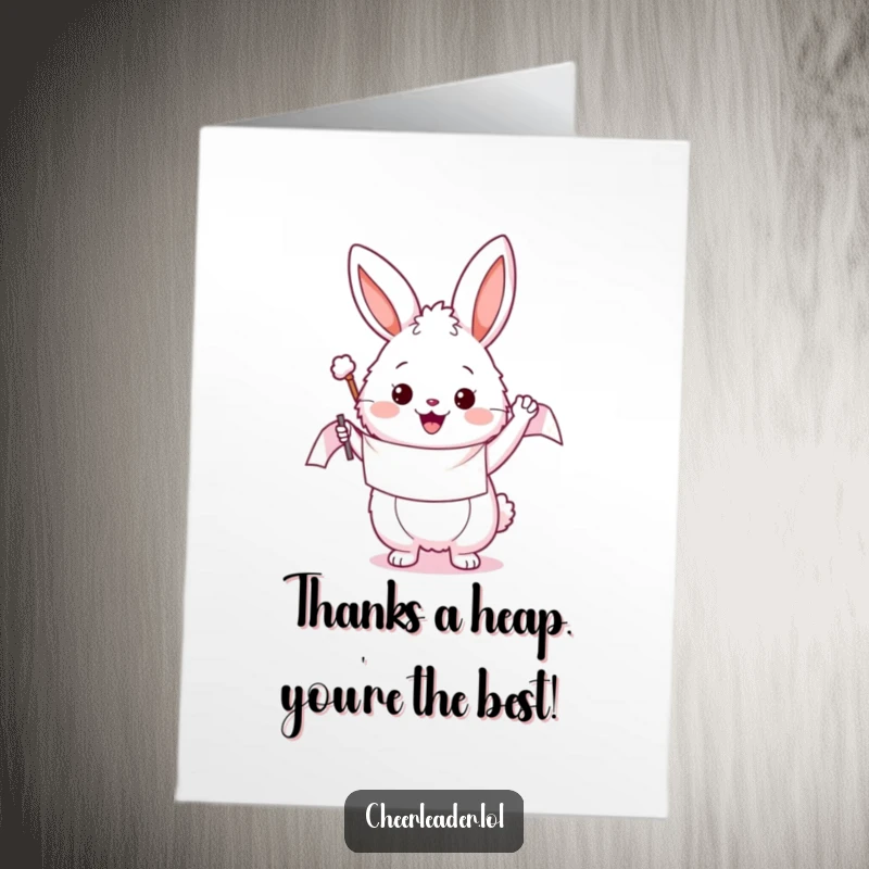 Funny Free Printable Thank You Card featuring a cheerful fluffy bunny waving a celebratory banner, perfect for expressing thanks.