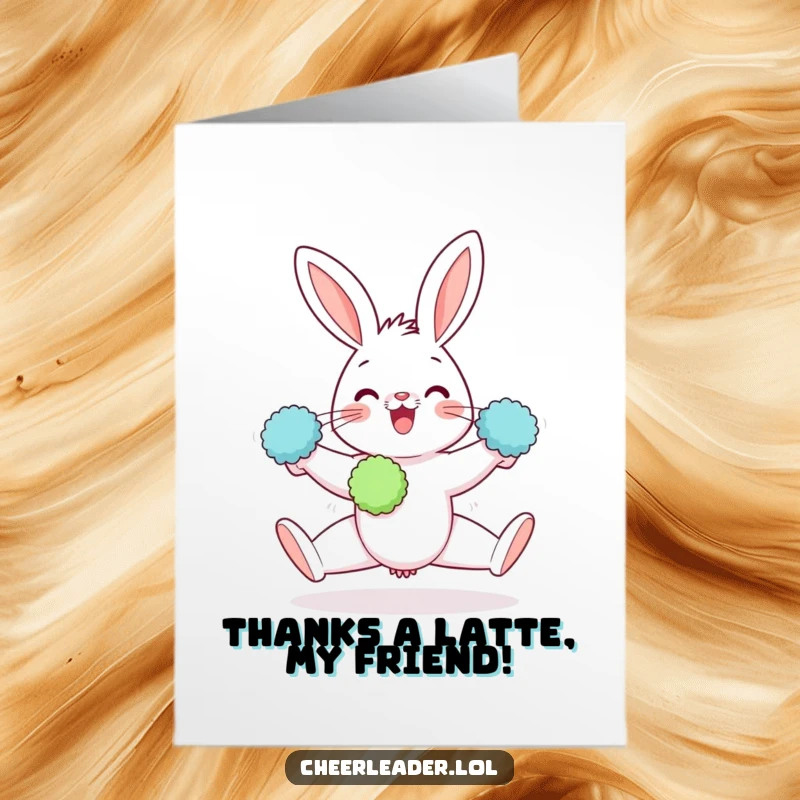 Funny Free Printable Thank You Card: A gleeful rabbit doing a split, holding pom-poms, conveying thankful flexibility.