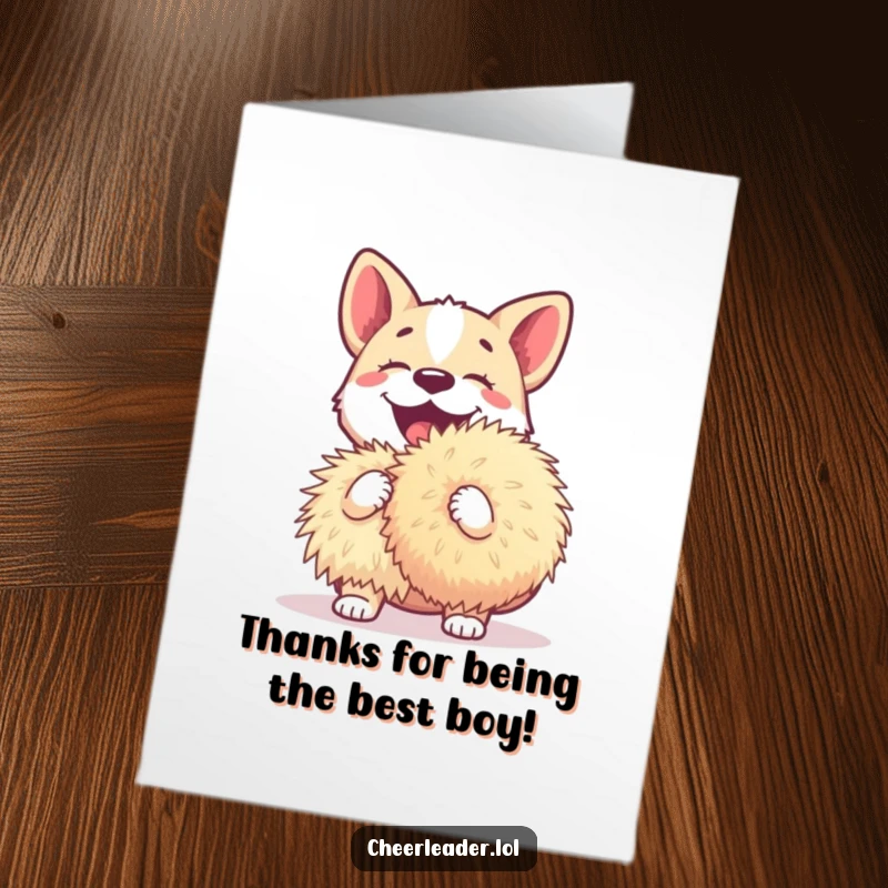 Funny Free Printable Thank You Card: A happy dog barks joyfully, holding a large pom-pom to show thanks.