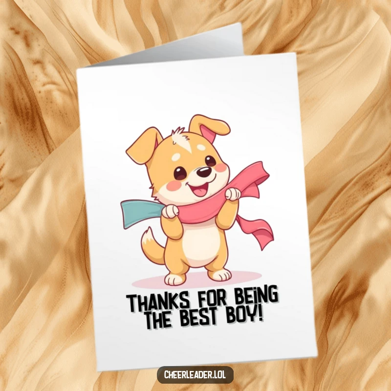 Funny Free Printable Thank You Card: A thankful Dog joyfully shaking a big ribbon, conveying immense appreciation.
