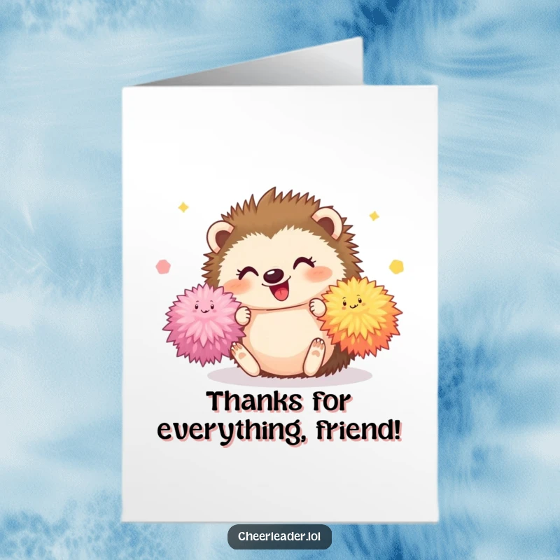 Funny Free Printable Thank You Card: Happy hedgehog tumbles with pom-poms, sending sweet thanks, perfect DIY.