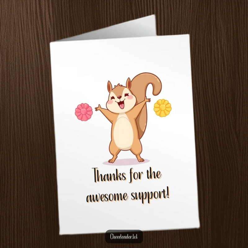 Funny Free Printable Thank You Card: A happy squirrel performs a cartwheel with pom-poms, expressing thanks energetically.