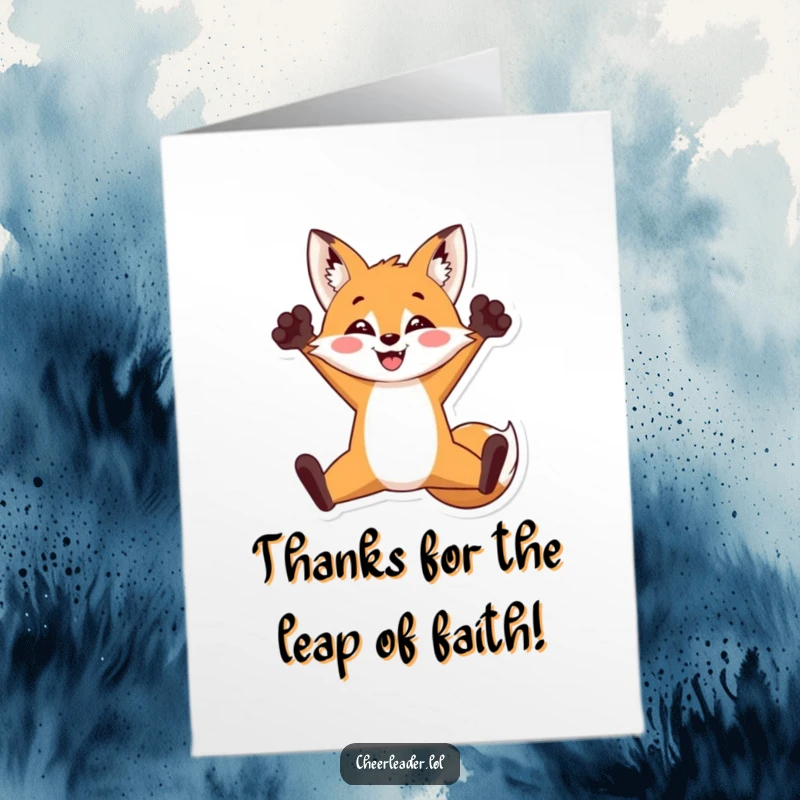 Funny Free Printable Thank You Card: Grateful Fox doing a triumphant split jump, expressing thanks with a flourish.