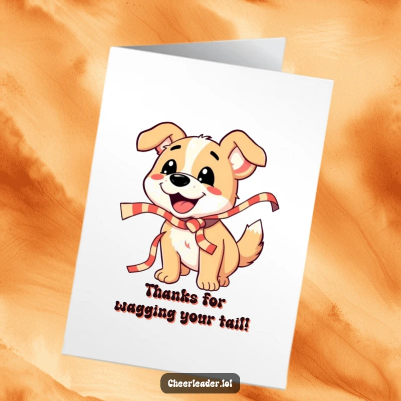 Funny Free Printable Thank You Card: A smiling dog shakes a long striped ribbon, conveying enthusiastic thanks and appreciation.