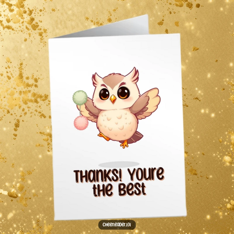 Funny Free Printable Thank You Card: Giggling owl performs a spirited jump with pom-poms, conveying thanks.