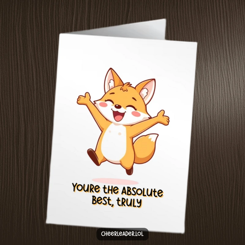 Funny Free Printable Thank You Card: Excited fox leaping, expressing thanks with a comical, wide-eyed smile and outstretched paws.