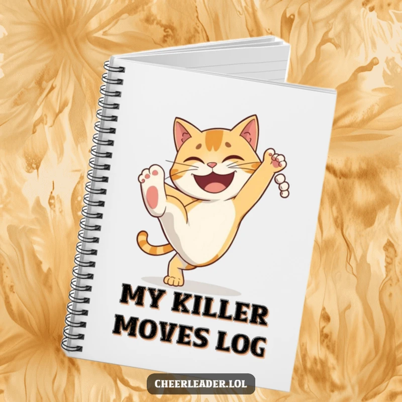 Funny determined cat doing a high kick with a grin, a humorous notebook for martial artists' notes. Great gift.