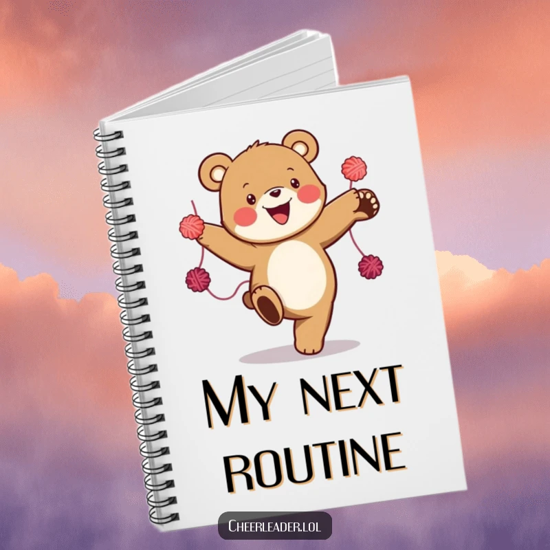 Funny notebook cover with a happy bear performing a high kick, holding yarn pom-poms. Inspires energy and creativity.