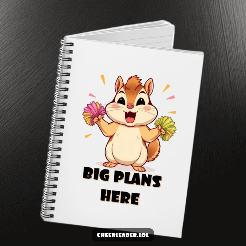 Funny chipmunk notebook, for capturing ideas, with a determined chipmunk shaking energetic pom-poms.