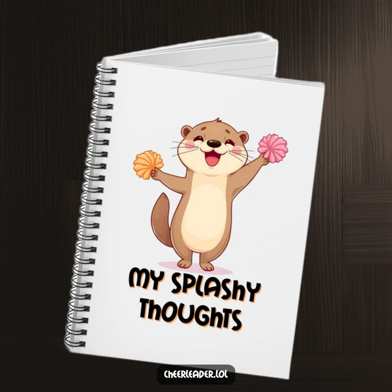 Funny notebook cover with a delighted otter standing on one leg, waving pom-poms energetically, symbolizing creative and cheerful expression.