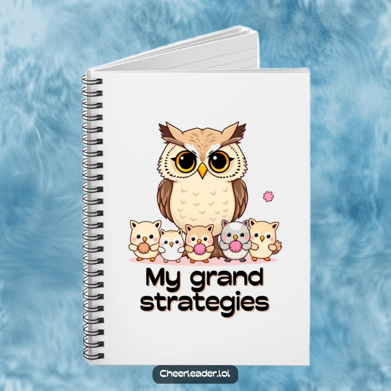 Funny determined owl leading animals with pom-poms, open notebook, strategic design, wise animal.