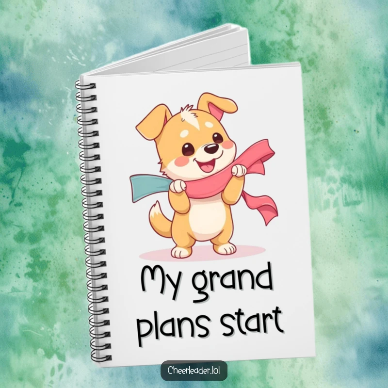 Funny notebook with a dog character joyfully shaking a ribbon, full of glee, an inspiring funny gift.