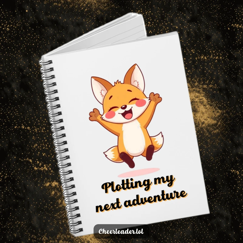 Funny notebook with a cheerful fox cub in a spirited jump with arms raised, ideal for jotting down ideas with joyful enthusiasm.