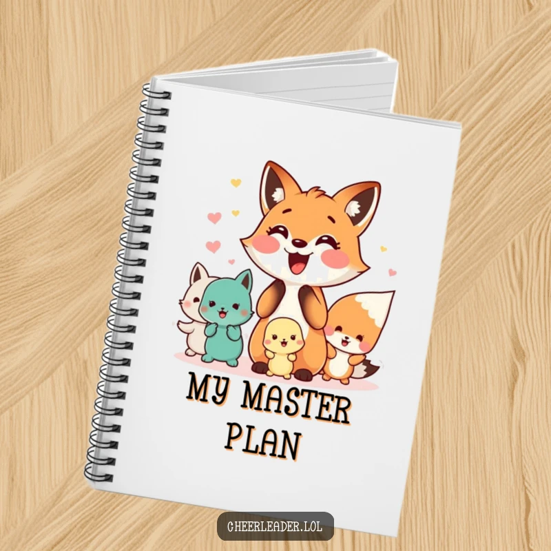 Funny notebook cover showing a happy fox leading a cheer squad of small animals, perfect for notes and plans.