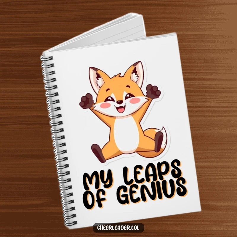 Funny notebook with a triumphant fox in a split jump, paws up, ready to capture ideas, an inspiring funny gift.