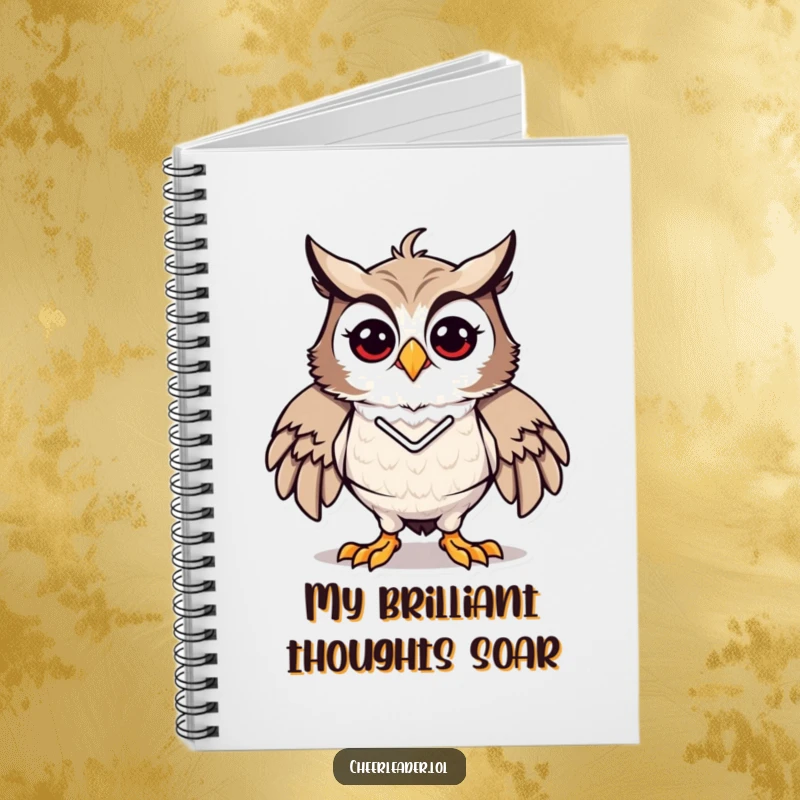Funny notebook with a proud and energetic owl in a cheerleader pose, ready for notes, an inspiring funny gift.