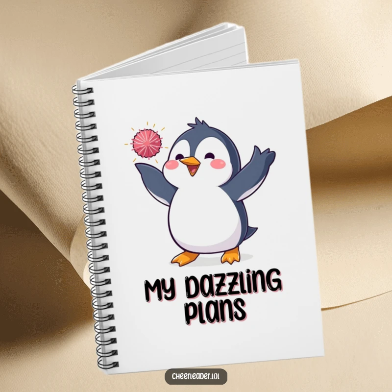 Funny notebook cover with a penguin in a dynamic pose, tossing a sparkly pom-pom, inspiring creativity and showmanship.