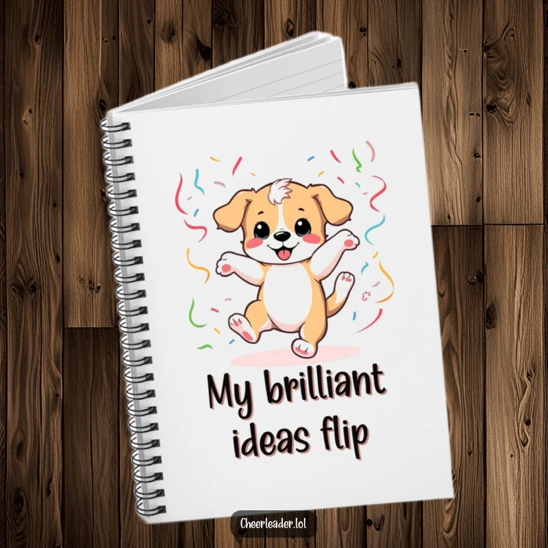 Funny Notebook with a playful puppy doing a cartwheel and streamers, ideal for creative note-taking.