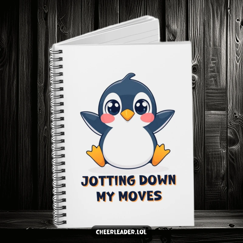Funny notebook featuring a penguin mid-split, eyes wide with playful determination.