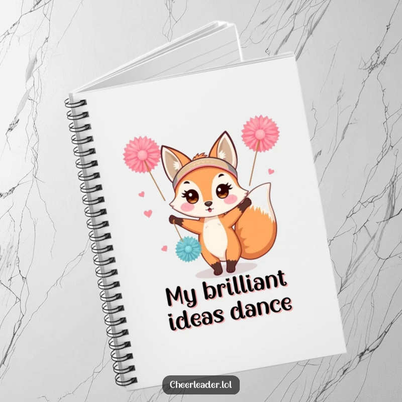 Funny fox cheerleader notebook, wearing a headband, waving pom-poms. A cute and inspiring journal for notes and ideas.