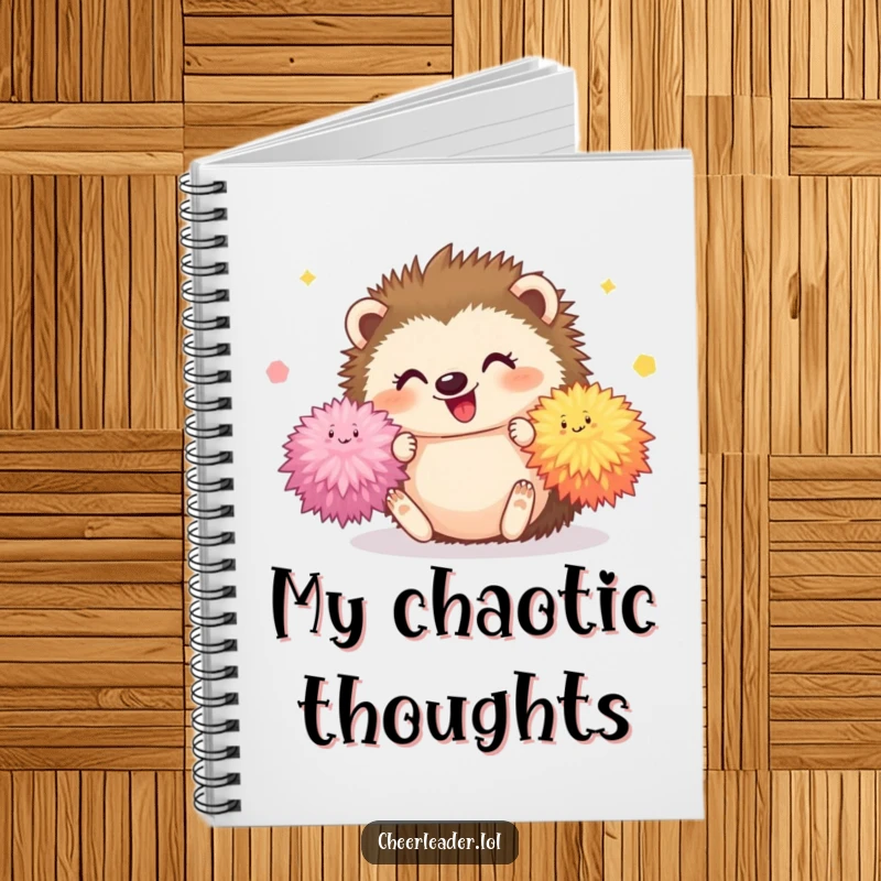 Funny Hedgehog Notebook featuring a happy hedgehog tumbling with bright pom-poms, ideal for journaling cute and happy notes.