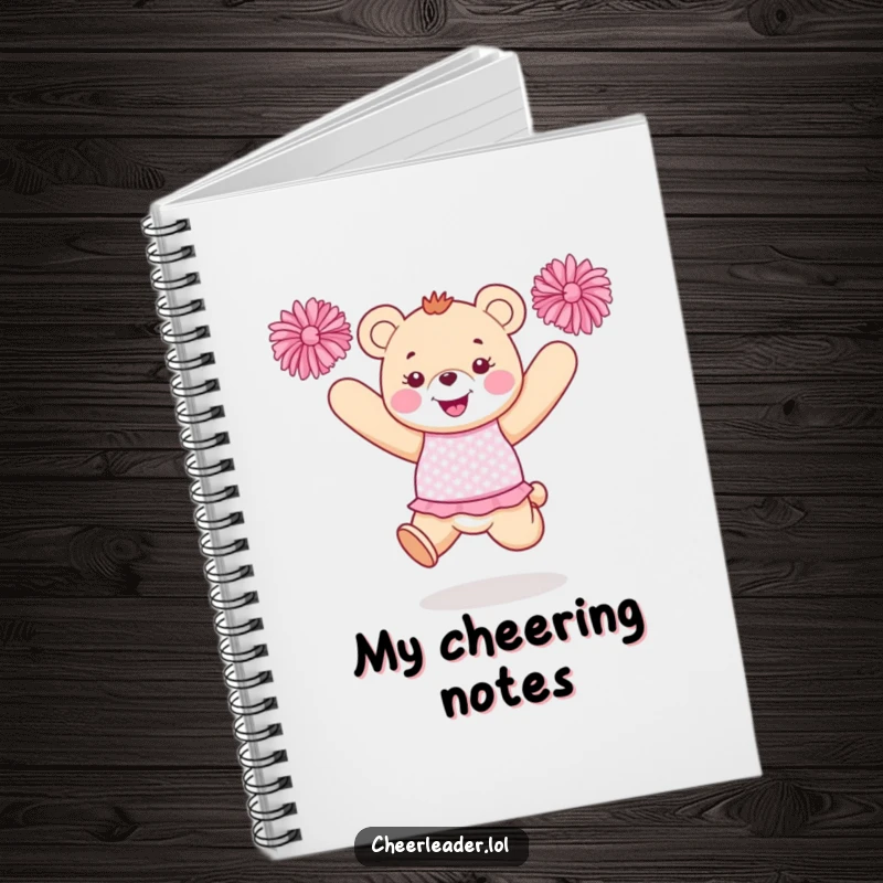 Funny bear cheerleader notebook with a happy bear in a sparkly uniform jumping with pom-poms, perfect for notes.