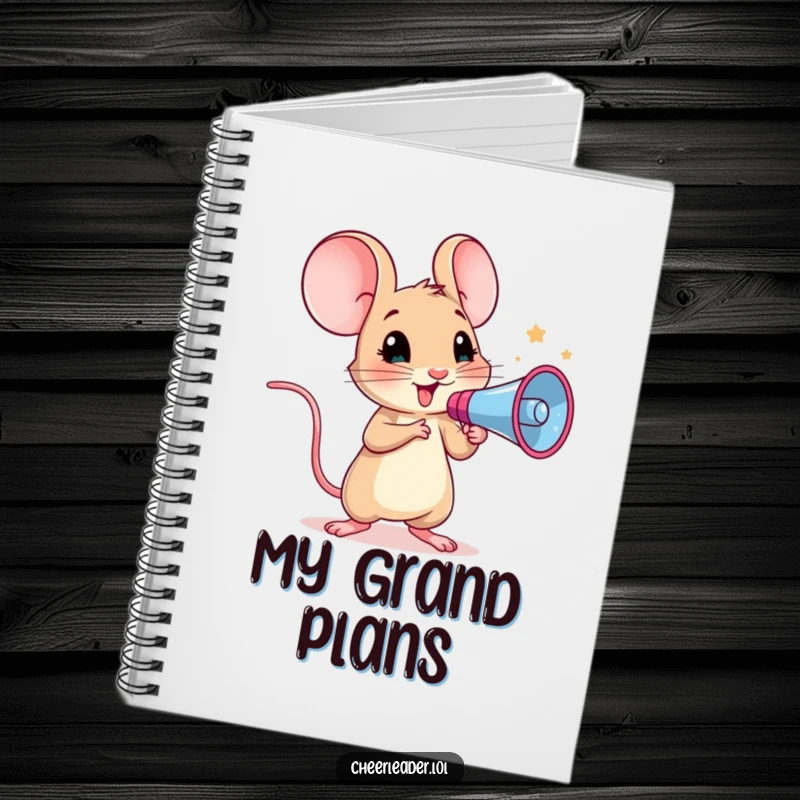 Funny notebook featuring a curious mouse holding a megaphone, leading a cheer with hopeful eyes.
