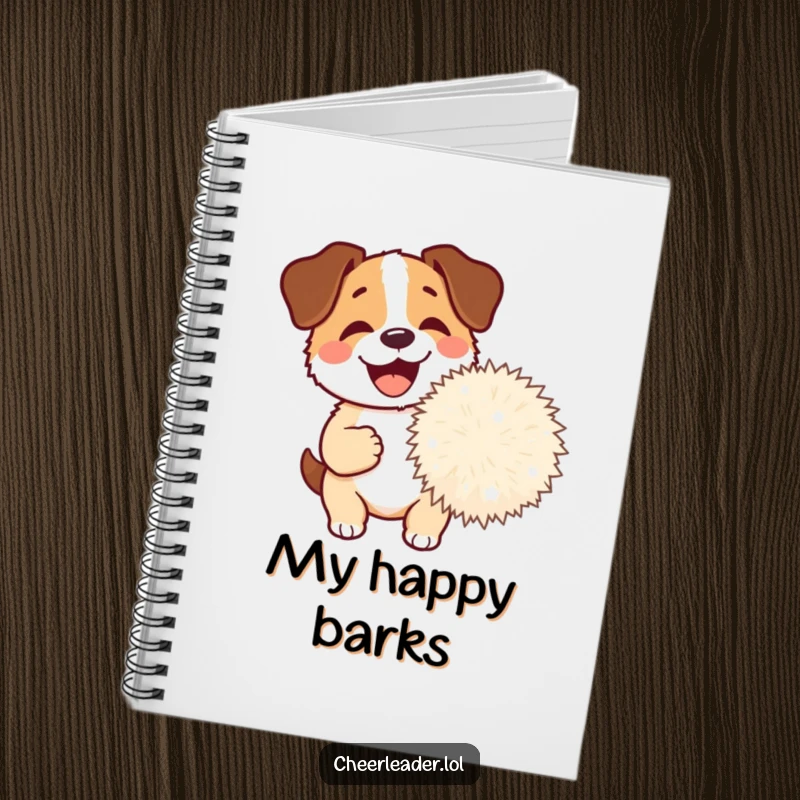 Funny Dog Pom-Pom Notebook featuring a happy dog barking, holding a giant pom-pom, perfect for notes and brainstorming.