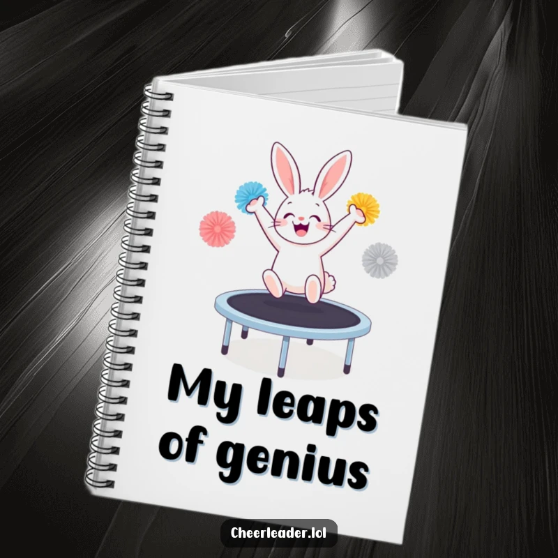 Funny bunny with pom-poms, jumping on a trampoline, adorning a notebook for capturing creative thoughts with humor.
