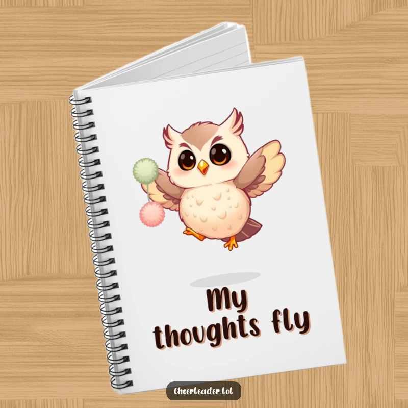 Funny notebook cover art of a giggling owl performing a spirited pom-pom jump, full of excitement and playful energy.