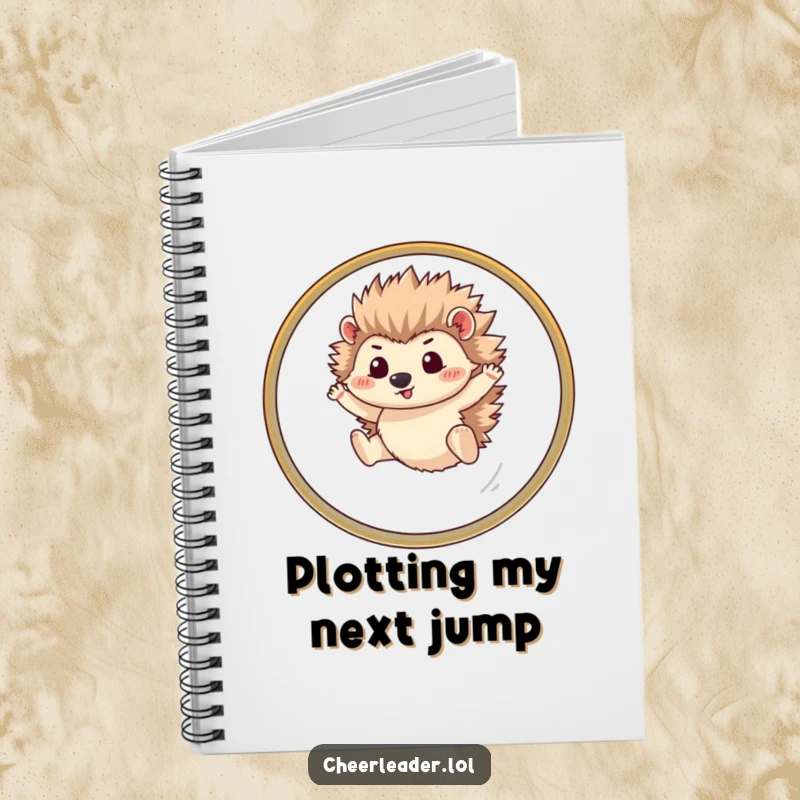 Funny hedgehog notebook featuring a determined pet leaping through a hoop, perfect for jotting notes with humorous inspiration.