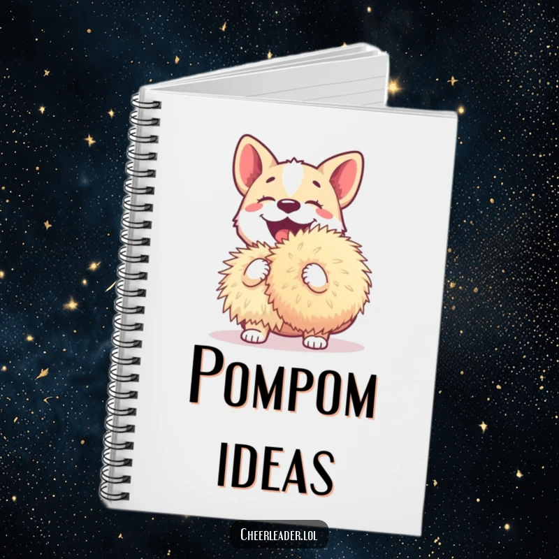 Funny dog notebook with a happy dog barking excitedly while holding a huge pom-pom, inspiring creative thoughts.