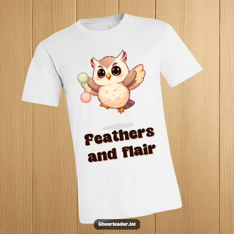 Funny t-shirt featuring a giggling owl, mid-air, performing a spirited jump with fluffy pom-poms, looking absolutely delighted.