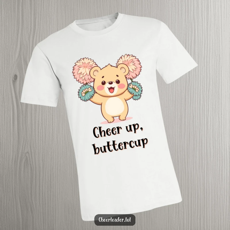 Funny t-shirt with a happy bear cub enthusiastically waving fluffy pom-poms, embodying infectious enthusiasm and pure, unbridled joy.