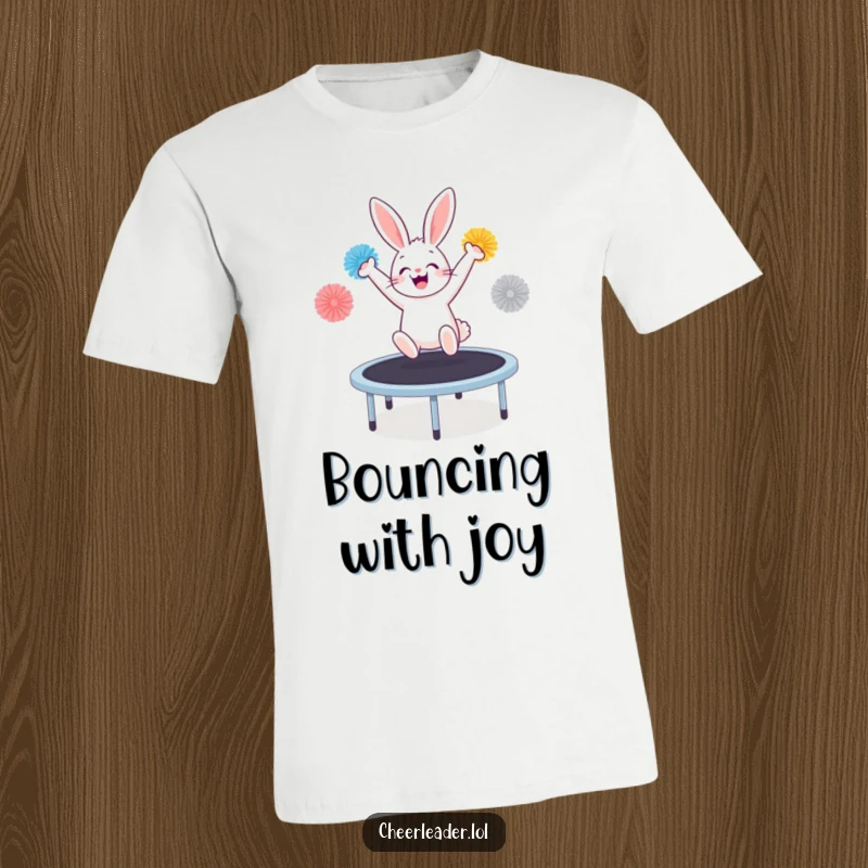 Funny cheering bunny mid-bounce on a trampoline, holding pom-poms, vibrant and energetic t-shirt design.