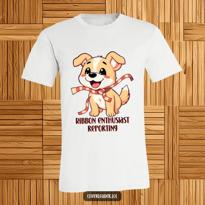 Funny Dog T-Shirt: A happy dog barks enthusiastically while shaking a striped ribbon, radiating pure, unadulterated party spirit.