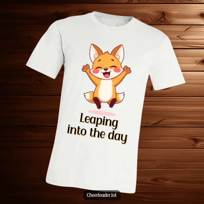 Funny t-shirt showcasing a cheerful fox cub jumping joyfully with arms raised, capturing a moment of pure exhilaration and fun.