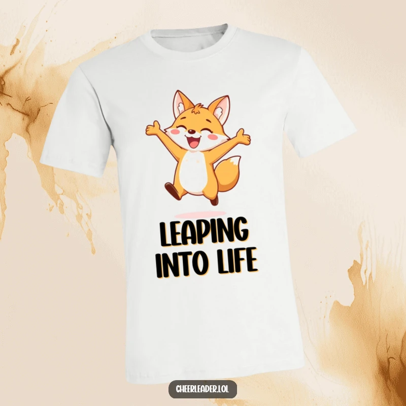 Funny t-shirt showcasing a happy fox mid-leap, arms wide, with an infectious grin, perfect for expressing pure joy and enthusiasm.