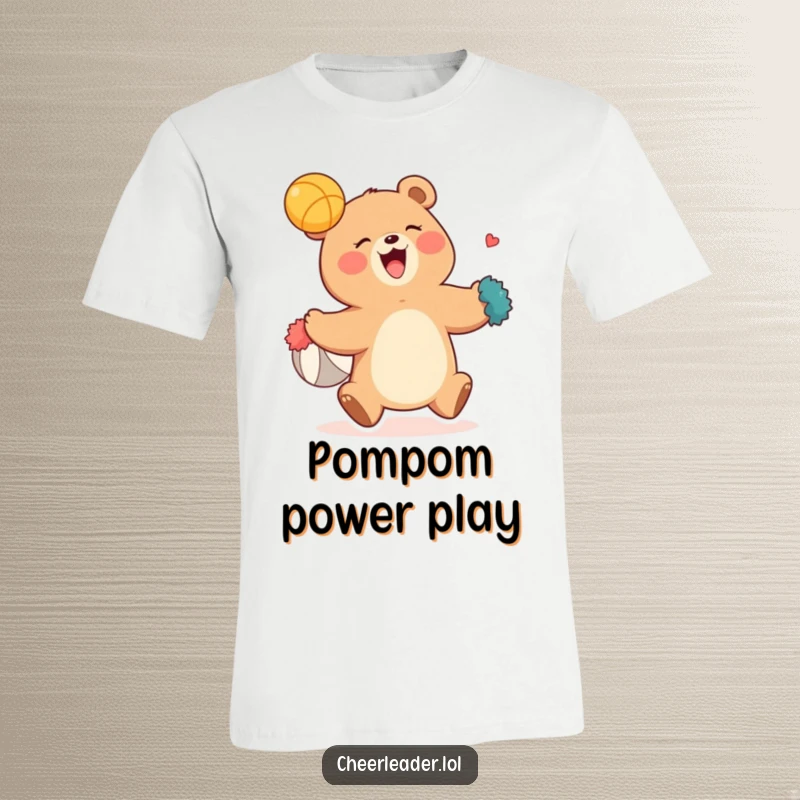 Funny t-shirt showing a happy bear gleefully catching a ball using its blue and yellow pom-poms, celebrating a funny sports moment.