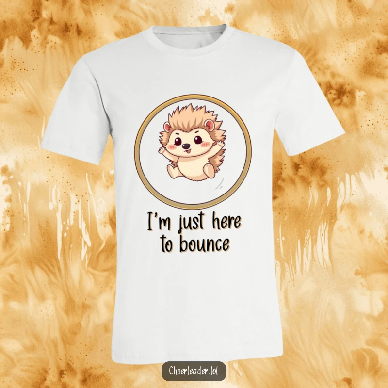 Funny hedgehog t-shirt depicting a fluffy animal heroically leaping through a hoop with intense focus and a humorous action pose.